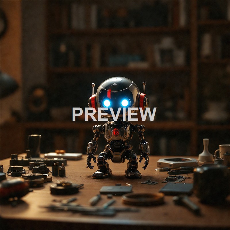 A small humanoid robot with glowing blue eyes and headphones standing on a cluttered wooden table surrounded by various electronic components and tools, with a bookshelf in the background.